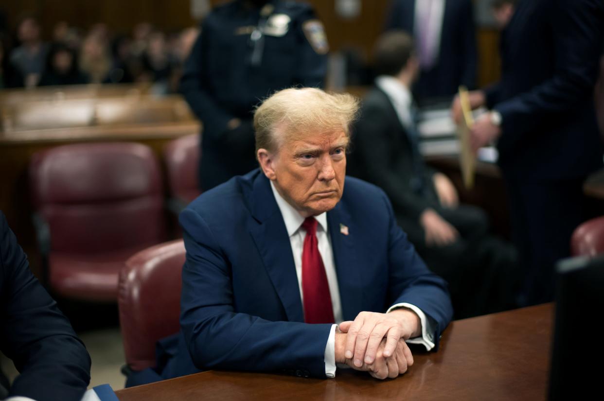 NEW YORK - APRIL 23: Former U.S. President Donald Trump appears in court for his trial for allegedly covering up hush money payments at Manhattan Criminal Court on April 23, 2024 in New York City. Former U.S. President Donald Trump faces 34 felony counts of falsifying business records in the first of his criminal cases to go to trial.