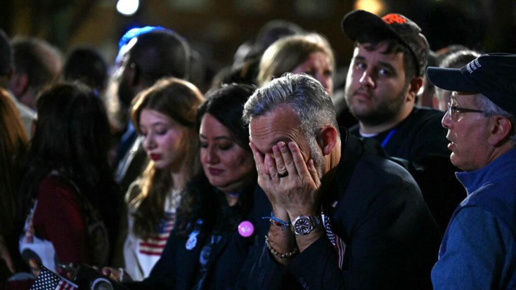 Supporters react to election results during an election night event for US Vice President and Democratic presidential candidate Kamala Harris at Howard University in Washington, Nov. 5, 2024. (Angela Weiss/AFP via Getty Images)